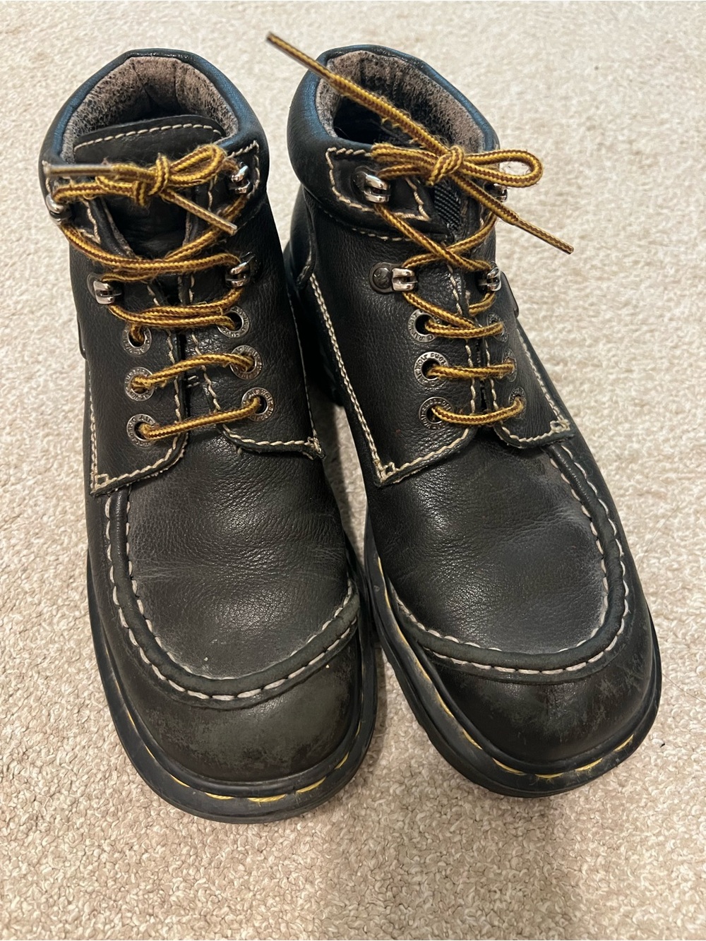 Vintage Dr. Marten’s 9275 Black Leather Moc Toe Lace-Up Boots with Gold Laces